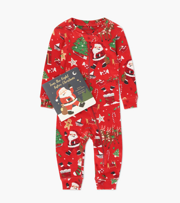 Twas The Night Before Christmas Book and Infant Coverall - Red infant coverall with festive Santa and Christmas tree print, paired with Twas The Night Before Christmas book, unique.