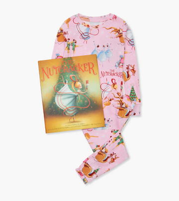 The Nutcracker Book and Pajama Set - Pink Nutcracker-themed pajamas with ballerina and mouse prints, paired with a hardcover Nutcracker book, unique handmade.