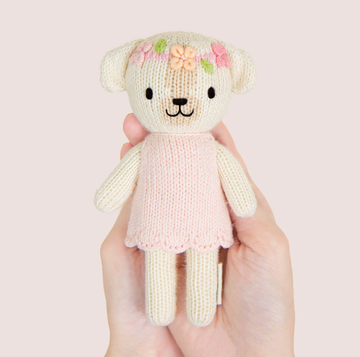 Tiny Charlotte the Dog - Handmade knitted baby dog doll in pink dress with floral crown, unique Canadian gift.