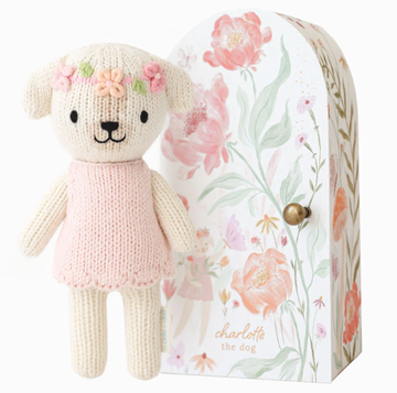 Tiny Charlotte the Dog - Handmade knitted cream dog toy with pink dress and floral crown, unique Canadian gift with floral box.