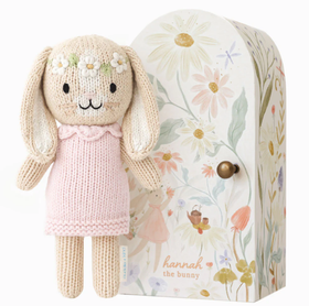 Tiny Hannah the Bunny - Handmade knitted bunny doll in pink dress with floral crown, unique Canadian gift with floral gift box.