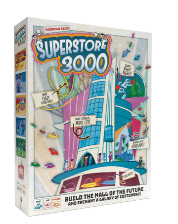 Superstore 3000 - Colorful board game box featuring cartoon illustration of a futuristic Canadian mall with skateboards and signs, unique.