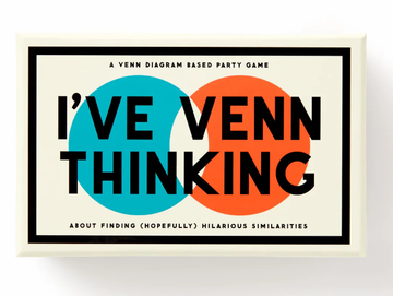 I've Venn Thinking - Rectangular box with modern black, blue, and orange text reading "I've Venn Thinking," a unique handmade Canadian party game .