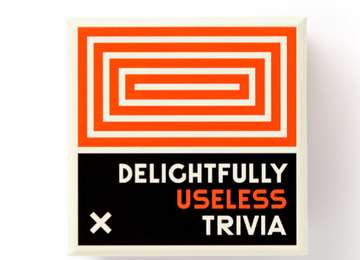 Delightfully Useless Trivia - Delightfully Useless Trivia game box with bold orange and black design, unique handmade Canadian gift.