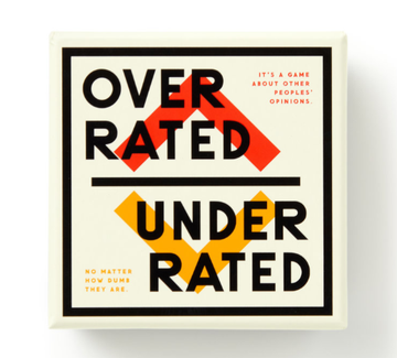 Overrated / Underrated Social Game - Overrated / Underrated social game box with bold black, red, and yellow text, handmade Canadian gift.
