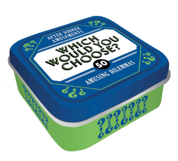 After Dinner Amusements: Which Would You Choose? - Handmade Canadian After Dinner Amusements game tin in blue and green, unique gift box with 50 amusing dilemmas.