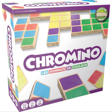 Chromino Game - Chromino color matching game with handmade wooden tiles in purple, green, blue, orange, and yellow, Canadian unique gift.
