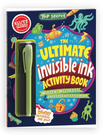 Top Secret: The Ultimate Invisible Ink Activity Book - The Ultimate Invisible Ink Activity Book with green pen, colorful underwater-themed cover, unique Canadian handmade gift.