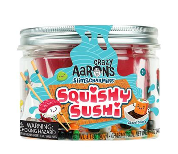 Slime Charmers - Clear jar of Crazy Aaron's Squishy Sushi slime charmers with colorful sushi-themed slime inside, unique handmade Canadian.