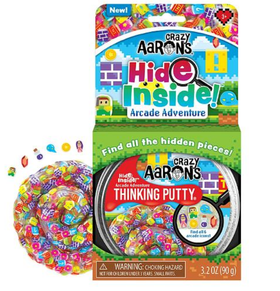 Thinking Putty - Round metal tin of Crazy Aaron’s Thinking Putty with colorful arcade-themed puzzle pieces inside, bright packaging with.