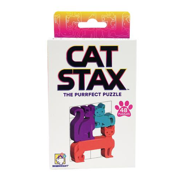 Cat Stax - Cat Stax handmade Canadian puzzle game with purple, blue, and red cat pieces, unique gift for kids and grown-ups.