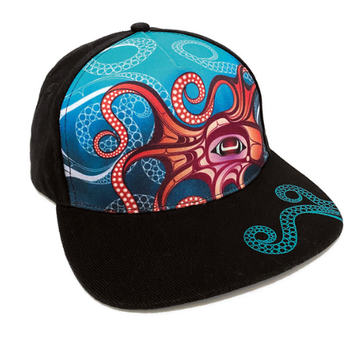 Snapback Cap - Octopus (Nuu) - Black snapback cap with vibrant blue and red octopus artwork, handmade Canadian gift.