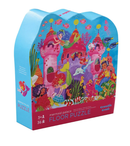 36 PC Puzzle: Mermaid Palace - Blue scalloped box with colorful mermaid palace floor puzzle, 36 pieces, handmade Canadian gift.