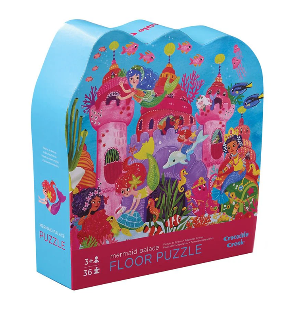 36 PC Puzzle: Mermaid Palace - Blue scalloped box with colorful mermaid palace floor puzzle, 36 pieces, handmade Canadian gift.