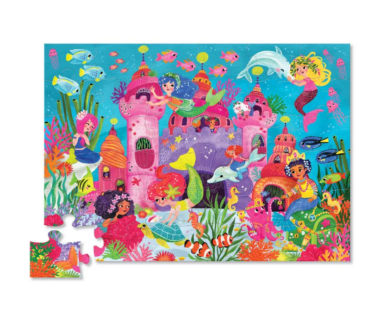 36 PC Puzzle: Mermaid Palace - Colorful 36-piece handmade jigsaw puzzle with mermaids, underwater castle, and vibrant sea creatures, unique Canadian gift.