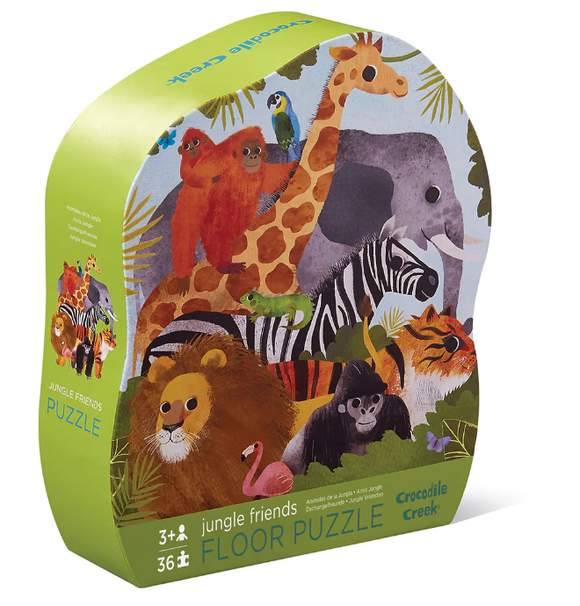 36 PC Puzzle: Jungle Friends - Colorful 36-piece jungle animal floor puzzle with giraffe, elephant, lion, zebra, and orangutan, handmade Canadian gift.