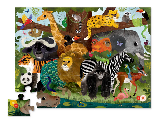 36 PC Puzzle: Jungle Friends - 36-piece handmade Canadian jigsaw puzzle featuring colorful jungle animals, unique gift for kids ages 4-6.
