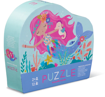 12 PC Mini Puzzle: Mermaid Dreams - 12-piece handmade Canadian jigsaw puzzle with a unique mermaid design, perfect gift for kids ages 2-4.