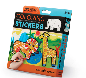 Coloring Stickers: Animals - Coloring stickers set with hand-drawn lion, giraffe, and elephant designs, unique Canadian gift for kids ages 3 and up.