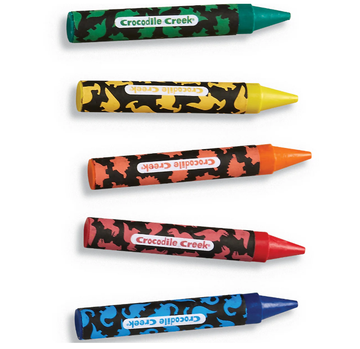Coloring Stickers: Dinosaurs - Set of five handmade Canadian Crocodile Creek dinosaur-themed coloring crayons in green, yellow, orange, red, and blue,.