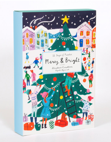 Louise Cunningham Merry and Bright 12 Days of Christmas Advent Puzzle Calendar - Louise Cunningham handmade Canadian Christmas advent calendar puzzle with festive tree and winter village scene, unique gift.