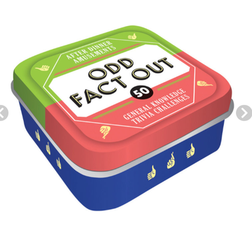 After Dinner Amusements: Odd Fact Out - Square tin game box with red, green, and blue sections featuring "Odd Fact Out" title, a unique Canadian handmade gift.