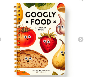 Googly Food Sticker Book - Googly Food sticker book with playful fruit and bread illustrations, unique handmade Canadian gift.