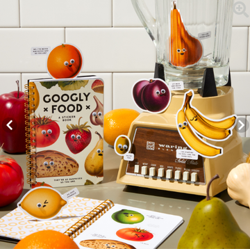 Googly Food Sticker Book - Googly Food Sticker Book with colorful fruit and vegetable stickers featuring animated eyes, displayed with a blender and.