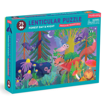 Forest Day & Night 75 Piece Lenticular Puzzle - Forest Day & Night 75-piece lenticular puzzle with colorful forest animals, handmade Canadian gift.