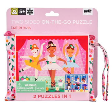 Ballerina Two-sided On-the-Go Puzzle - Ballerina-themed two-sided puzzle in pink box with handle, handmade Canadian gift, unique design.