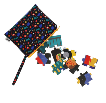 Superheroes Two Sided On-the-Go Puzzle - Handmade Canadian superheroes two-sided puzzle with colorful pieces and matching fabric pouch gift.