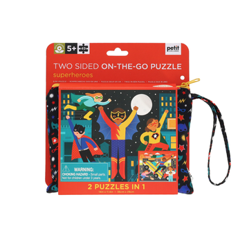 Superheroes Two Sided On-the-Go Puzzle - Handmade Canadian Superheroes two-sided puzzle gift with 50 colorful pieces in portable zip pouch.