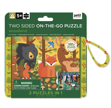Woodland Two Sided On-the-Go Puzzle - Woodland two-sided on-the-go puzzle with bear, fox, and deer illustrations, handmade Canadian gift.