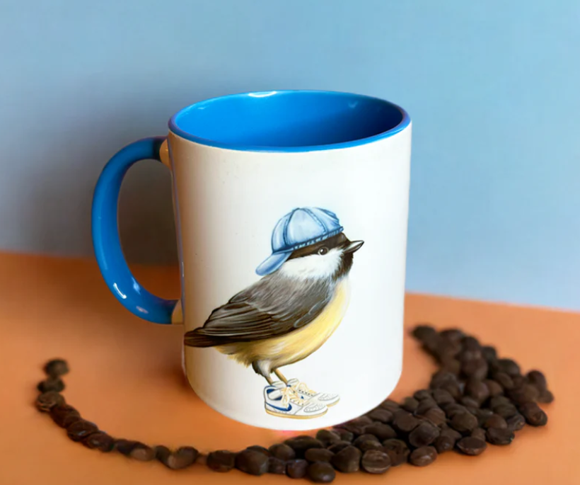 Chickadee wearing sneakers Mug