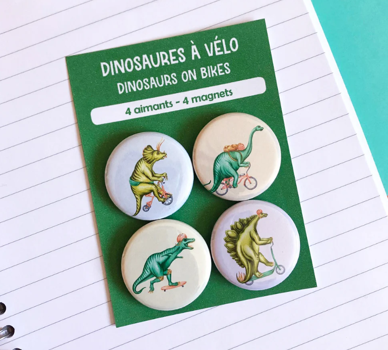 Dinosaurs on bikes Fridge Magnets (set of 4)