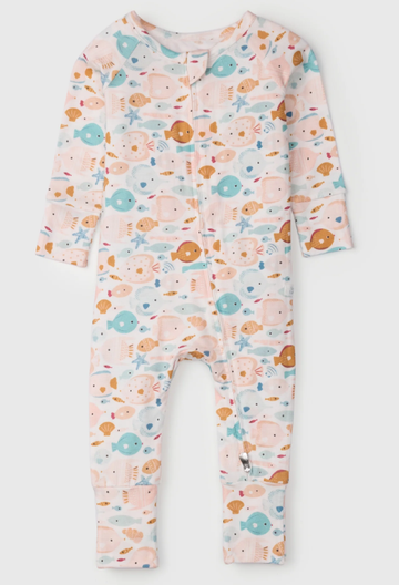 Sun-Kissed Shoal Sleeper (Loulou Lollipop) - Handmade Canadian baby sleeper in pastel orange, teal, and beige with ocean animal print, unique gift option.