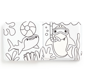 Shark Splash! Colour Magic Bath Book - Black and white bath book with underwater shark and diver illustrations, unique handmade Canadian gift.