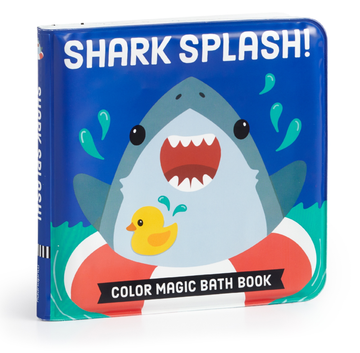 Shark Splash! Colour Magic Bath Book - Shark Splash! colorful waterproof bath book with playful shark and rubber duck, unique Canadian handmade gift for toddlers.
