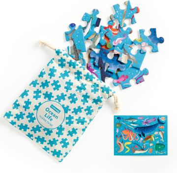 Ocean Life Puzzle To Go 36pc - Handmade Ocean Life 36-piece puzzle with sea creatures and matching blue drawstring gift bag, unique Canadian toy.