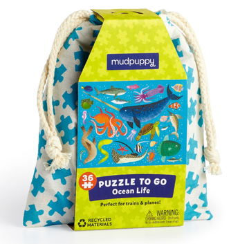 Ocean Life Puzzle To Go 36pc - Ocean Life 36-piece handmade jigsaw puzzle with colorful sea creatures in a Canadian gift pouch.