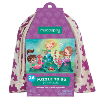 Mermaids Puzzle To Go 36pc - Handmade Canadian 36-piece Mermaids Puzzle To Go in purple fabric pouch, unique gift for kids.