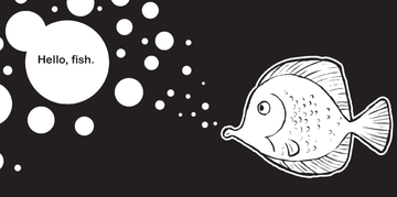 Hello, Ocean Friends - Black and white illustration of a fish blowing bubbles with "Hello, fish" text, handmade baby book page.