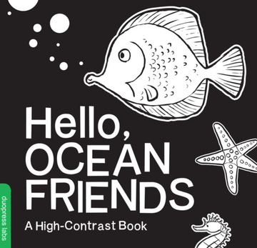 Hello, Ocean Friends - Black and white high-contrast baby board book titled Hello Ocean Friends with ocean animal illustrations unique handmade.