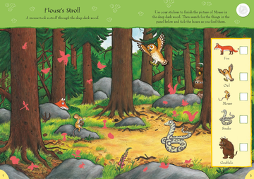 The Gruffalo and Friends Super Sticker Book - Colorful illustrated children’s book page featuring forest animals and a sticker key, unique Canadian handmade gift idea.