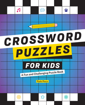 Crossword Puzzles for Kids - Colorful crossword puzzle book cover for kids with playful icons and a yellow pencil, handmade Canadian gift.