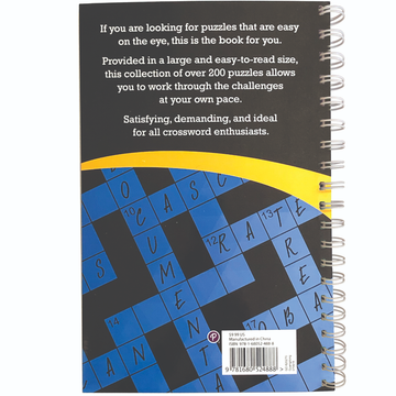 Large Print Crossword Puzzles Blue - Large print crossword puzzle book with blue and black cover, spiral-bound, unique handmade Canadian gift.