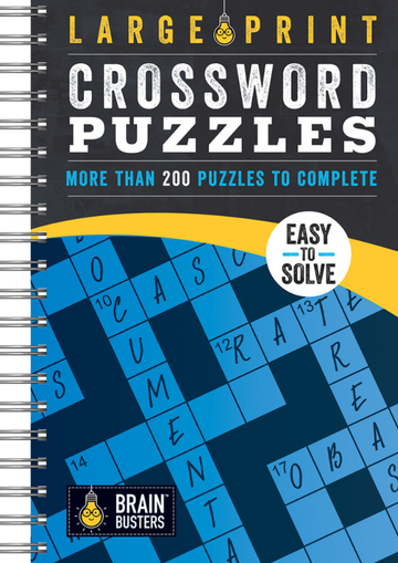 Large Print Crossword Puzzles Blue - Spiral-bound Large Print Crossword Puzzles book with bold blue and black cover, labeled easy to solve, unique Canadian.