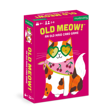 Old Meow! Card Game - Bright pink box of Old Meow! handmade Canadian card game featuring a cheerful calico cat with heart-shaped glasses, perfect.