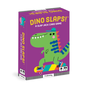Dino Slaps! Card Game - Dino Slaps! card game box with colorful dinosaur on skateboard, unique handmade Canadian gift.