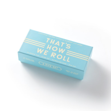 That's How We Roll Dice Game Set - Light blue rectangular box with gold lettering reading "That's How We Roll" for a unique handmade Canadian dice game gift set.